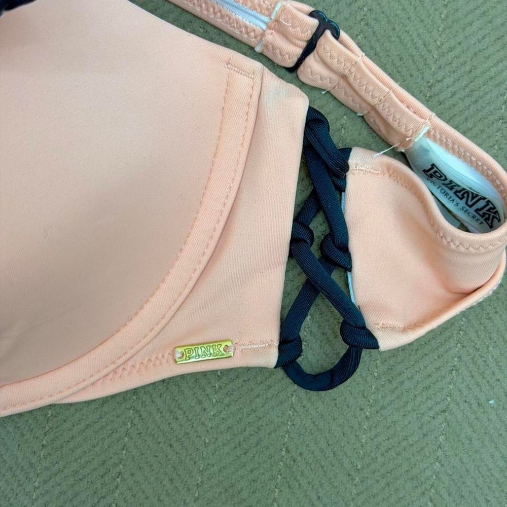 PINK Victoria's Secret Lace Up Side Halter Bikini Top Peach Orange Black Size M - Picture 3 of 5